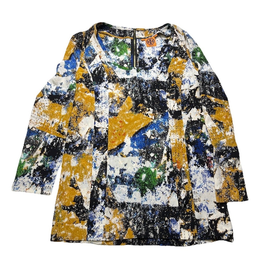 Tory Burch Silk Tunic Womens 8 Abstract Splatter Print Long Sleeve Blouse